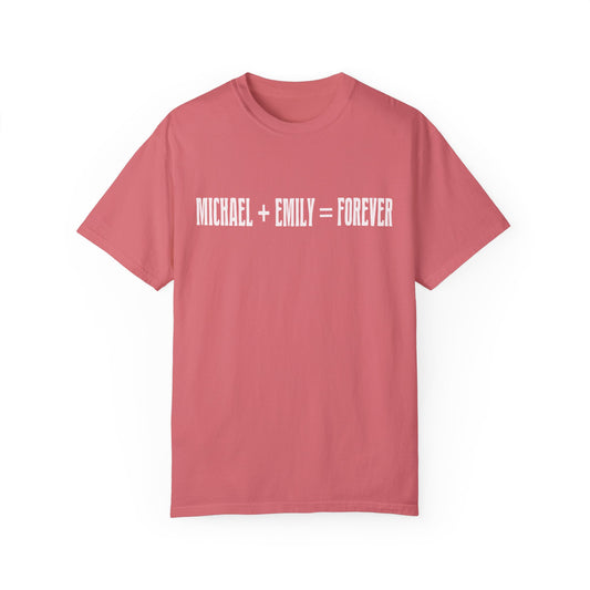 "Name + Name = Forever" personalized unisex t-shirt, ideal for Valentine’s Day gifts for him or her.