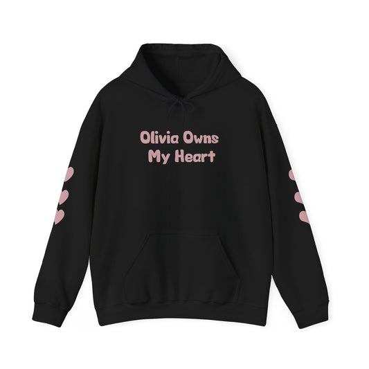 Personalized "Owns My Heart" unisex hoodie, customized with names, perfect for Valentine’s Day gifts for him, her, or a first Valentine’s gift for a boyfriend.

